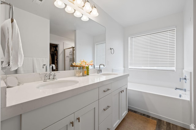 4892 E Lake Corner Dr, Eagle Mountain, UT 84005 - full bathroom featuring double vanity, wood finished floors, a bath, a stall shower, and a spacious closet