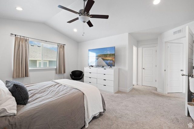 4892 E Lake Corner Dr, Eagle Mountain, UT 84005 - bedroom with lofted ceiling, recessed lighting, carpet flooring, and ceiling fan