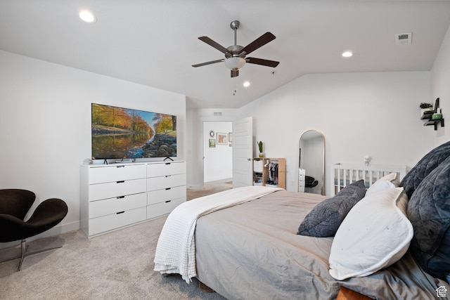 4892 E Lake Corner Dr, Eagle Mountain, UT 84005 - bedroom with carpet, vaulted ceiling, recessed lighting, and ceiling fan