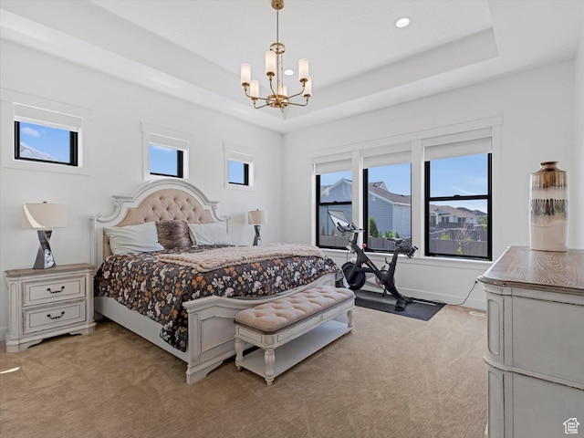 1172 E Candy Ln, American Fork, UT 84003 - bedroom with a chandelier, light carpet, multiple windows, and a tray ceiling