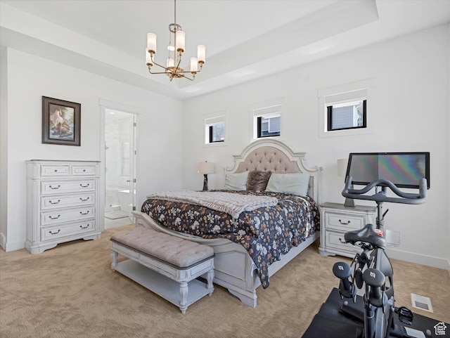 1172 E Candy Ln, American Fork, UT 84003 - bedroom with a chandelier, light carpet, a tray ceiling, and connected bathroom
