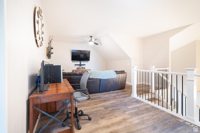 986 View Crest Ln, Kaysville, UT 84037 - office with a ceiling fan, wood finished floors, and lofted ceiling
