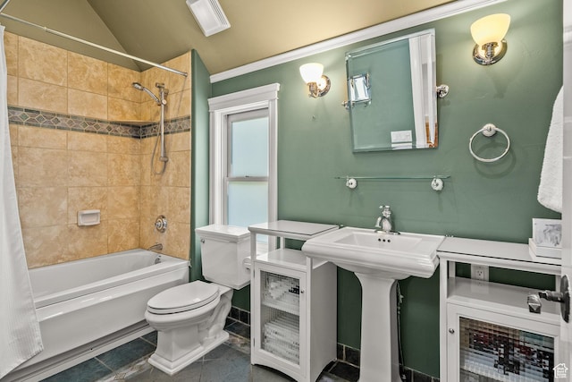 915 Norfolk Ave, Park City, UT 84060 - full bath with shower / tub combo with curtain, crown molding, tile patterned floors, and lofted ceiling