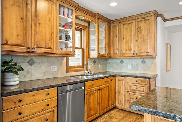 915 Norfolk Ave, Park City, UT 84060 - kitchen with dishwasher, light wood finished floors, brown cabinetry, decorative backsplash, and recessed lighting