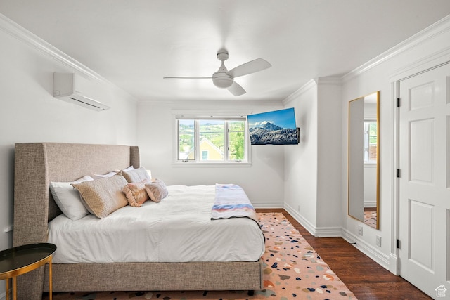 915 Norfolk Ave, Park City, UT 84060 - bedroom with a wall mounted air conditioner, crown molding, wood finished floors, and ceiling fan