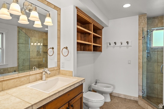 915 Norfolk Ave, Park City, UT 84060 - bathroom featuring a bidet, vanity, a shower stall, tile patterned flooring, and recessed lighting