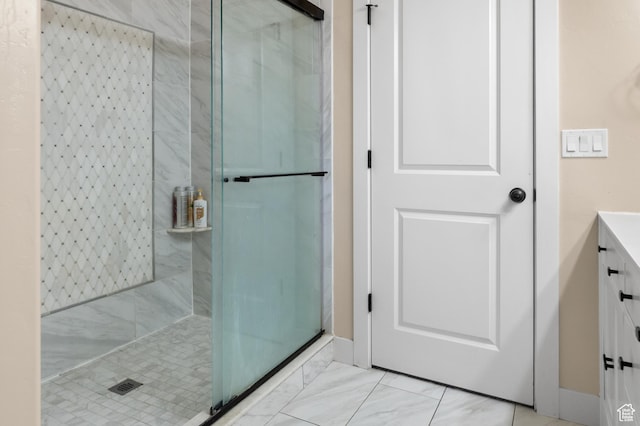 5194 Hedgerose Dr, Herriman, UT 84096 - full bathroom with a stall shower, vanity, and marble look tile flooring