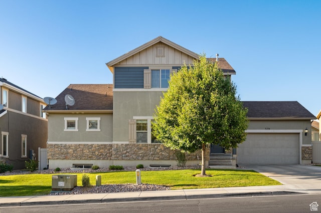5194 Hedgerose Dr, Herriman, UT 84096 - view of front of house featuring stucco siding, a front lawn, a garage, concrete driveway, and stone siding