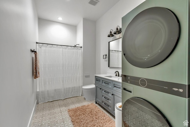 481 E 3675 N, North Ogden, UT 84414 - bathroom featuring stacked washing machine and dryer, vanity, recessed lighting, tile patterned floors, and shower / tub combo