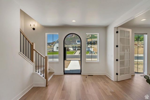 481 E 3675 N, North Ogden, UT 84414 - foyer with wood finished floors, stairway, recessed lighting, and french doors