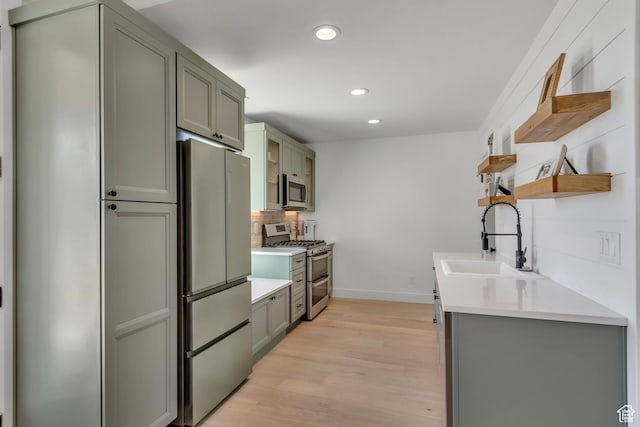 481 E 3675 N, North Ogden, UT 84414 - kitchen with stainless steel appliances, open shelves, gray cabinetry, recessed lighting, and light wood finished floors