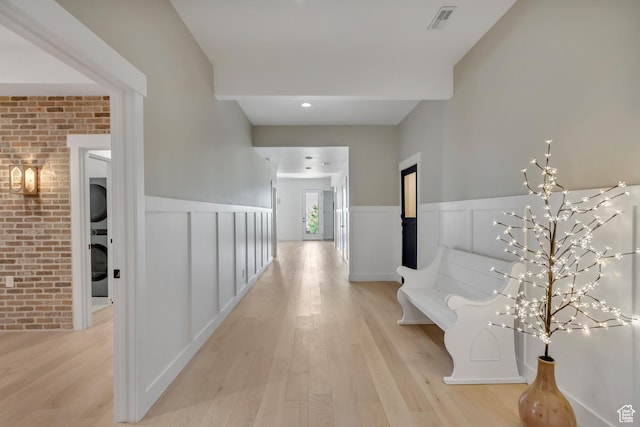 481 E 3675 N, North Ogden, UT 84414 - corridor with light wood-style floors, wainscoting, a decorative wall, and brick wall