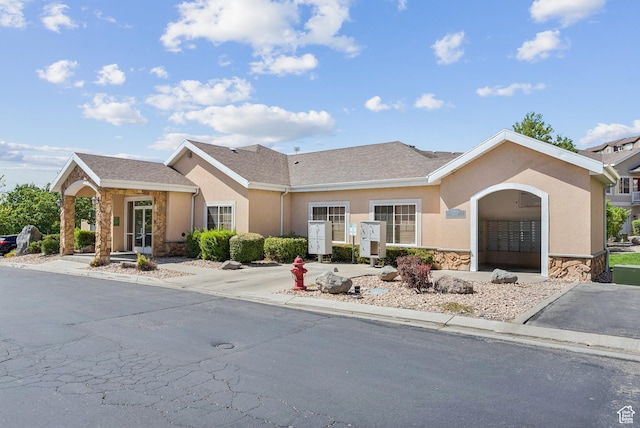 1676 E 1080 S, Provo, UT 84604 - ranch-style house with stone siding, stucco siding, roof with shingles, and french doors