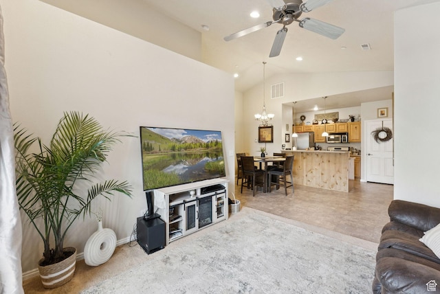 1676 E 1080 S, Provo, UT 84604 - living room featuring a chandelier, a ceiling fan, vaulted ceiling, and recessed lighting