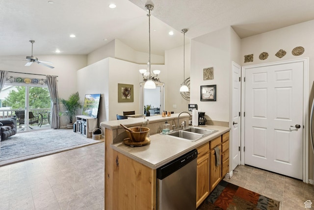 1676 E 1080 S, Provo, UT 84604 - kitchen featuring stainless steel dishwasher, vaulted ceiling, ceiling fan, recessed lighting, and open floor plan