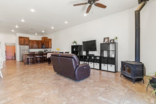 1145 W 500 N, Manti, UT 84642 - living room with a wood stove, ceiling fan, and recessed lighting
