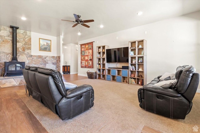 1145 W 500 N, Manti, UT 84642 - living room featuring wood finished floors, a wood stove, a ceiling fan, and recessed lighting