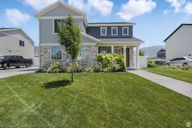 969 S 875 W, Springville, UT 84663 - traditional home with stone siding, a front lawn, and stucco siding