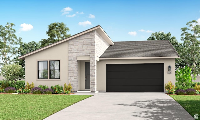 1565 E Centaurus Way Unit 108, Washington, UT 84780 - view of front of home with stone siding, a garage, driveway, and stucco siding
