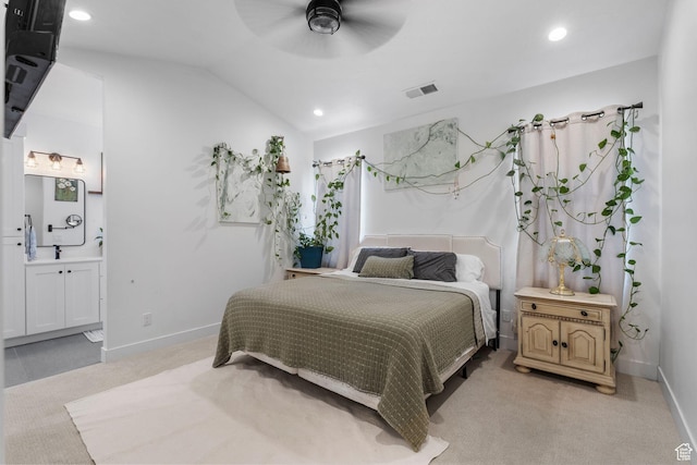 586 N 360 W, La Verkin, UT 84745 - bedroom with recessed lighting, ensuite bath, vaulted ceiling, ceiling fan, and light carpet