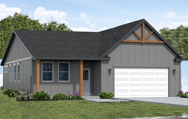 4640 N Fallow Way Unit 508, Eagle Mountain, UT 84005 - view of front of property featuring roof with shingles, a garage, a front lawn, board and batten siding, and concrete driveway