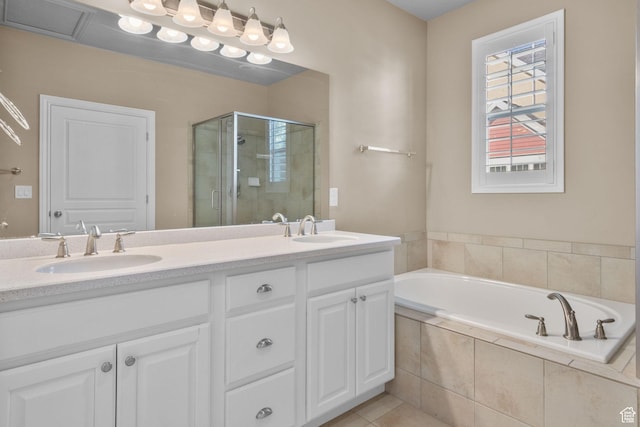 4892 W Veeroma Way S, Jordan, UT 84009 - full bathroom with a stall shower, double vanity, a garden tub, and tile patterned floors