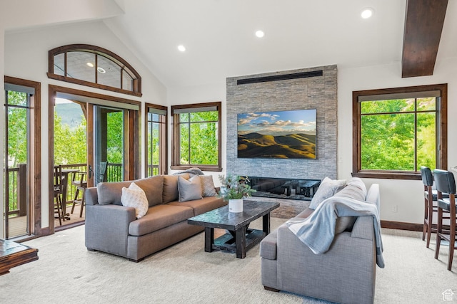 4121 Fairway Ln Unit A1, Park City, UT 84098 - living room with carpet, recessed lighting, lofted ceiling, and a fireplace