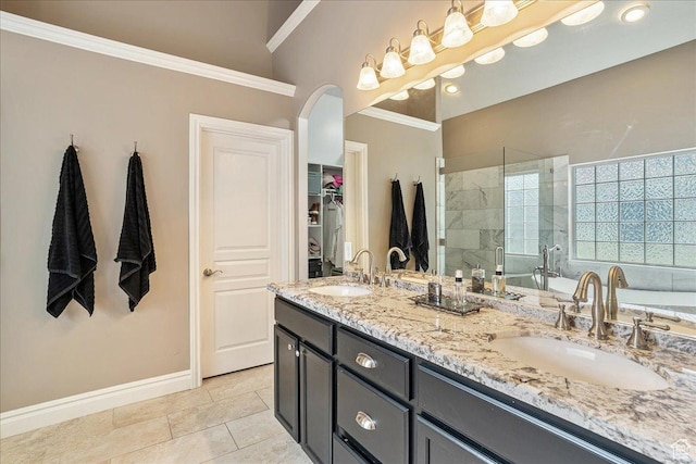 12937 S Old Country Ct W, Riverton, UT 84065 - full bathroom featuring ornamental molding, tiled shower, double vanity, a walk in closet, and tile patterned floors