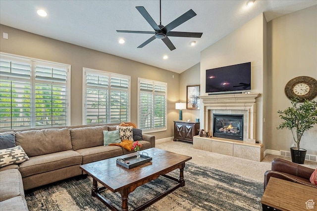 12937 S Old Country Ct W, Riverton, UT 84065 - living room featuring a ceiling fan, lofted ceiling, a tile fireplace, carpet, and recessed lighting