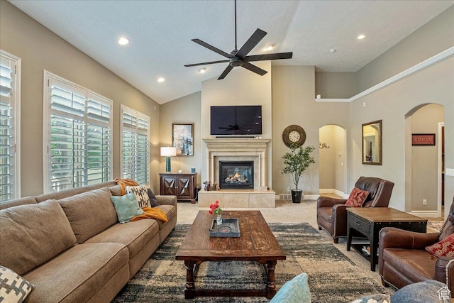 12937 S Old Country Ct W, Riverton, UT 84065 - living room with arched walkways, ceiling fan, recessed lighting, high vaulted ceiling, and carpet floors