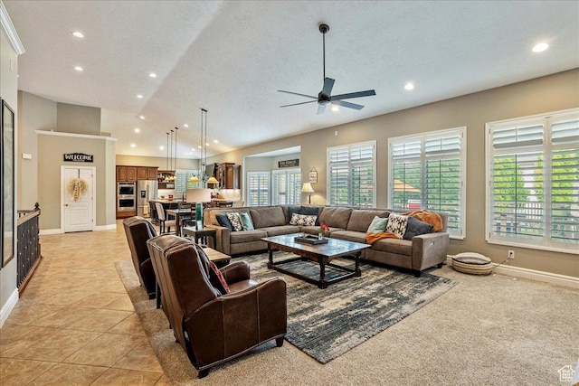 12937 S Old Country Ct W, Riverton, UT 84065 - living area featuring recessed lighting, ceiling fan, a textured ceiling, vaulted ceiling, and light tile patterned floors