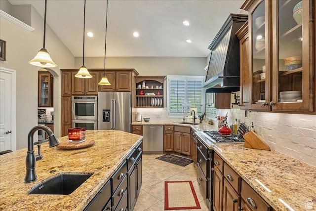 12937 S Old Country Ct W, Riverton, UT 84065 - kitchen with stainless steel appliances, light stone counters, pendant lighting, tasteful backsplash, and recessed lighting
