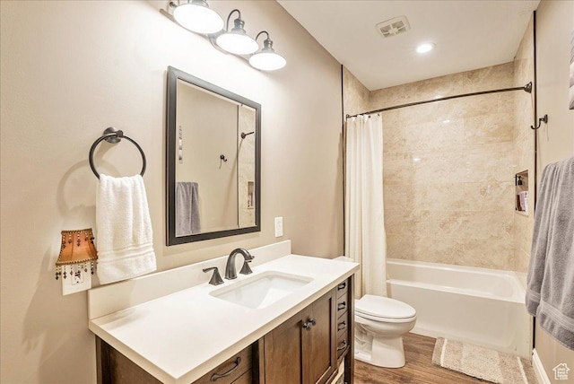 12937 S Old Country Ct W, Riverton, UT 84065 - bathroom featuring shower / bath combination with curtain, vanity, and wood finished floors
