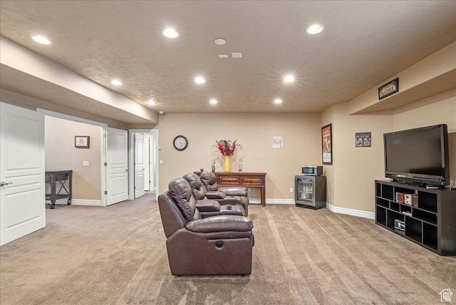 12937 S Old Country Ct W, Riverton, UT 84065 - living room featuring light carpet, recessed lighting, and wine cooler