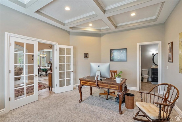 12937 S Old Country Ct W, Riverton, UT 84065 - office with light carpet, french doors, a chandelier, beam ceiling, and coffered ceiling