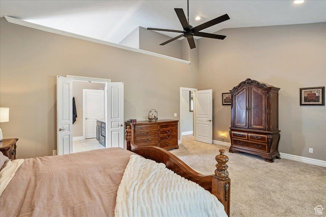 12937 S Old Country Ct W, Riverton, UT 84065 - bedroom with high vaulted ceiling, light colored carpet, recessed lighting, ensuite bathroom, and ceiling fan