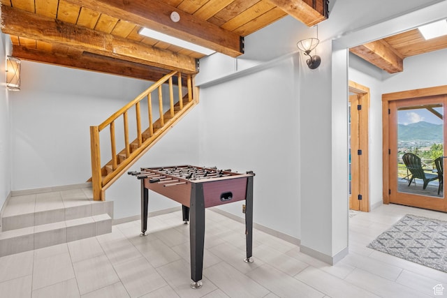 6385 Mountain View Dr, Park City, UT 84098 - rec room with a wood ceiling with exposed beams and a mountain view