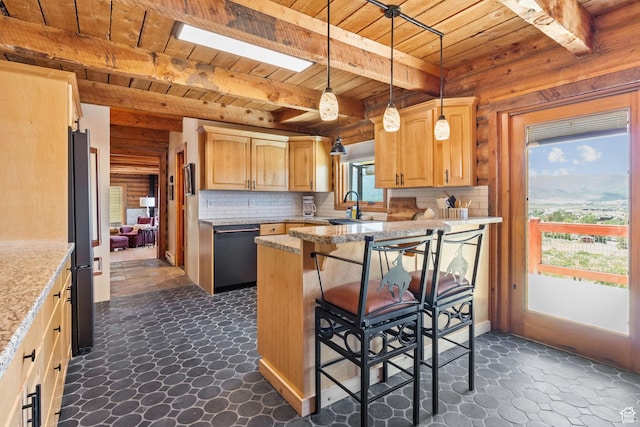 6385 Mountain View Dr, Park City, UT 84098 - kitchen with a wooden ceiling with exposed beams, black appliances, a kitchen breakfast bar, decorative backsplash, and light stone countertops