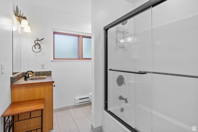 6385 Mountain View Dr, Park City, UT 84098 - bathroom featuring a baseboard heating unit, vanity, shower / bath combination with glass door, and tile patterned floors