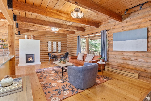 6385 Mountain View Dr, Park City, UT 84098 - living area with hardwood / wood-style floors, a baseboard heating unit, a wood ceiling with exposed beams, a warm lit fireplace, and log walls