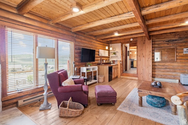 6385 Mountain View Dr, Park City, UT 84098 - living area with a wooden ceiling with exposed beams, light wood-style floors, rustic walls, and baseboard heating