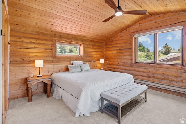 6385 Mountain View Dr, Park City, UT 84098 - bedroom featuring baseboard heating, light carpet, vaulted ceiling, wooden ceiling, and a ceiling fan