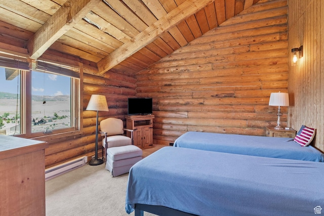 6385 Mountain View Dr, Park City, UT 84098 - carpeted bedroom with wood ceiling, a baseboard radiator, and log walls