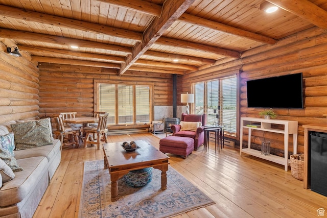 6385 Mountain View Dr, Park City, UT 84098 - living area featuring a wood ceiling with exposed beams, a wood stove, light wood-style floors, log walls, and a baseboard heating unit
