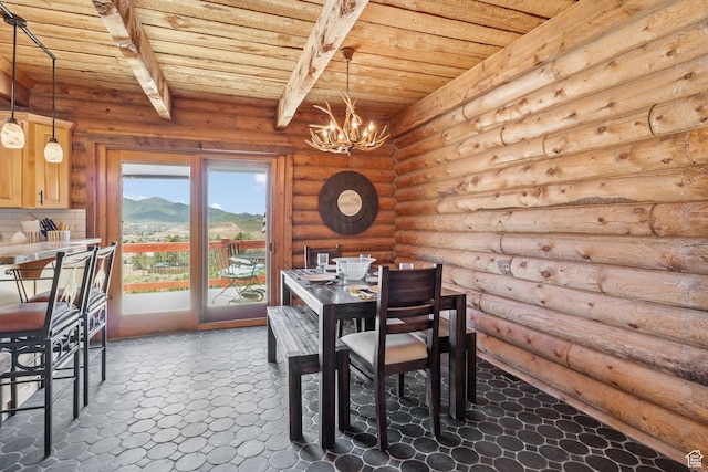 6385 Mountain View Dr, Park City, UT 84098 - dining area with a wooden ceiling with exposed beams, a chandelier, and log walls