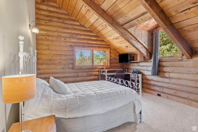 6385 Mountain View Dr, Park City, UT 84098 - bedroom with wood ceiling, log walls, and carpet floors