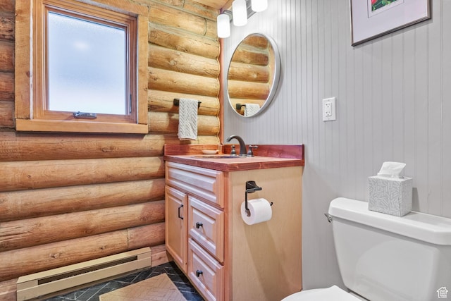 6385 Mountain View Dr, Park City, UT 84098 - half bathroom featuring rustic walls, a baseboard radiator, and vanity