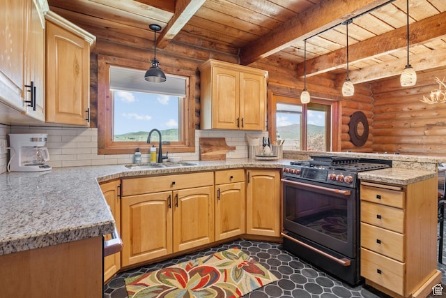 6385 Mountain View Dr, Park City, UT 84098 - kitchen with high end black range, a peninsula, a wooden ceiling with exposed beams, log walls, and decorative backsplash