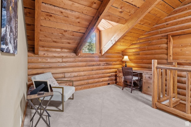 6385 Mountain View Dr, Park City, UT 84098 - office space featuring wooden ceiling, rustic walls, and carpet flooring