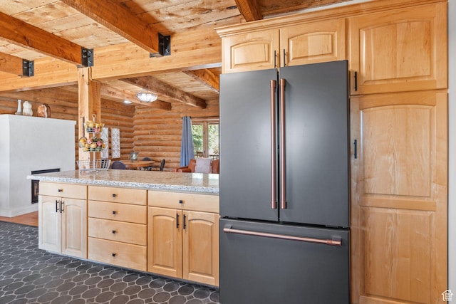6385 Mountain View Dr, Park City, UT 84098 - kitchen featuring high end fridge, log walls, light brown cabinetry, a wood ceiling with exposed beams, and light stone counters